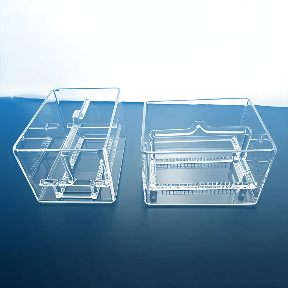 Clear quartz wafer cleaning tank and its removable inner slotted rack with handle, displayed separately